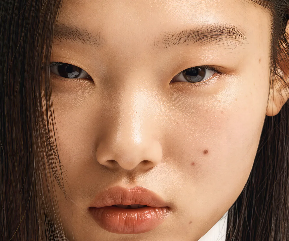After — A soft, low-res portrait sharpened into crisp, lifelike detail.